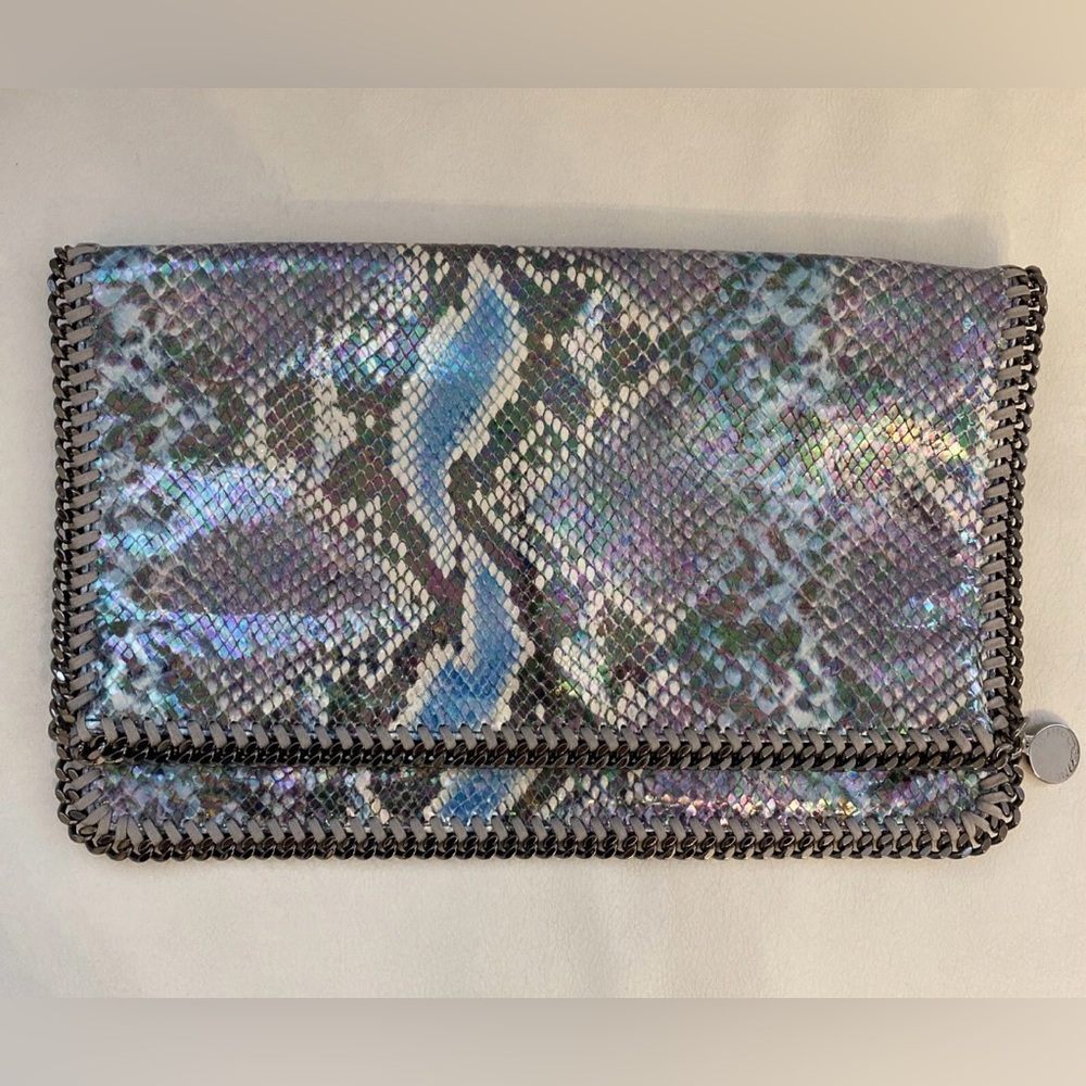 Stella McCartney Falabella Iridescent Blue Snake-Print Foldover Flap Clutch